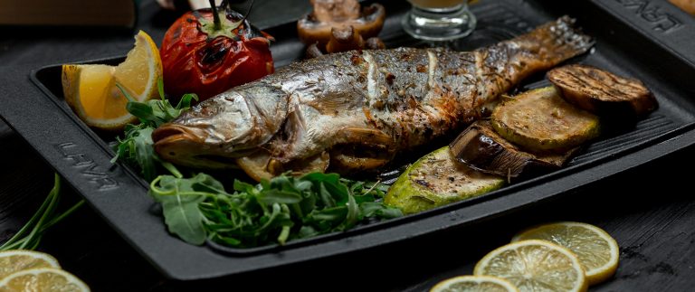 Grilled Salmon with Garlic Mushroom and Lentil Salad
